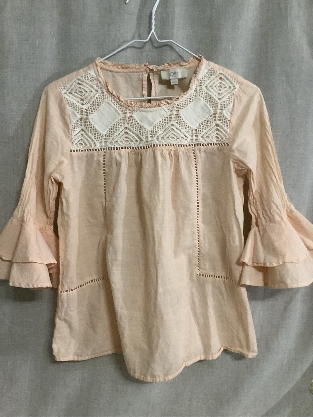 LOFT Crochet Lace Ruffle Neck Bell Sleeve Blouse XS